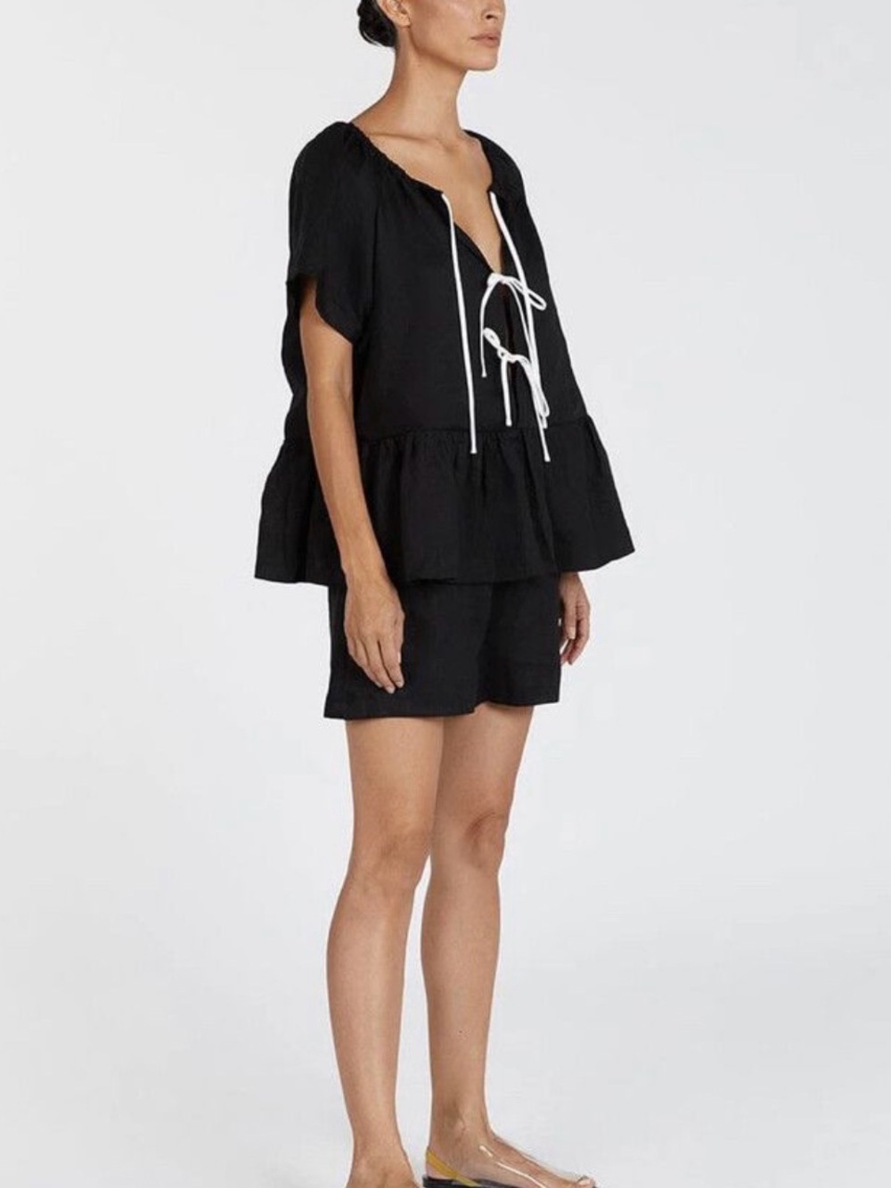 DISSH Del Black Linen Sleeved Top with White Ties